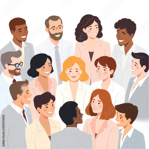 A large team of twelve business professionals are discussing the agenda for an upcoming event. Everyone is smiling or nodding, showing active participation.