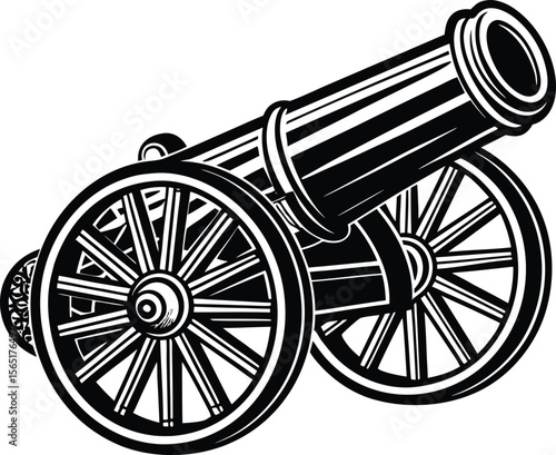 Old military cannon with wheels, an antique war weapon illustration, drawing, graphic, sketch, weaponry, armament