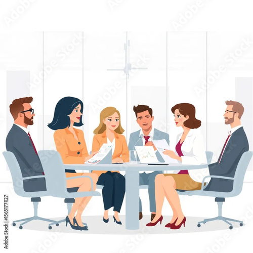 A group of eight managers are discussing performance reviews. They are in a modern workspace with glass walls and open layouts.