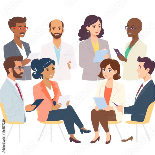 A group of eight managers are conducting interviews. Some are holding tablets, others taking notes or gesturing as they speak.