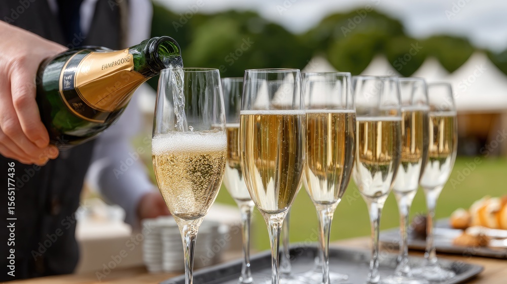 Naklejka premium Champagne is being poured into glasses at an outdoor wedding party surrounded by nature, adding a festive touch to the celebration