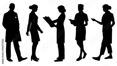 Set of nurse and doctor silhouettes in professional poses — standing, walking, talking, writing, and using medical tools. Ideal vector set for healthcare, hospital, and medical design themes.