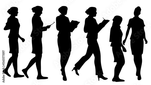 Set of nurse and doctor silhouettes in professional poses — standing, walking, talking, writing, and using medical tools. Ideal vector set for healthcare, hospital, and medical design themes.