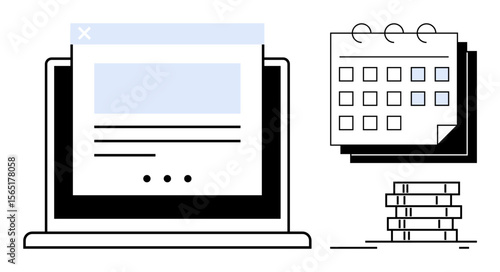 Wallpaper Mural Laptop displaying a webpage, calendar symbolizing scheduling, and stacked files highlighting organization. Ideal for planning, productivity, time management, project management, online tools Torontodigital.ca