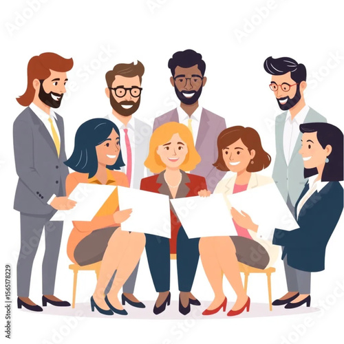 A group of seven managers are preparing training materials. Everyone is smiling or nodding, showing active participation.