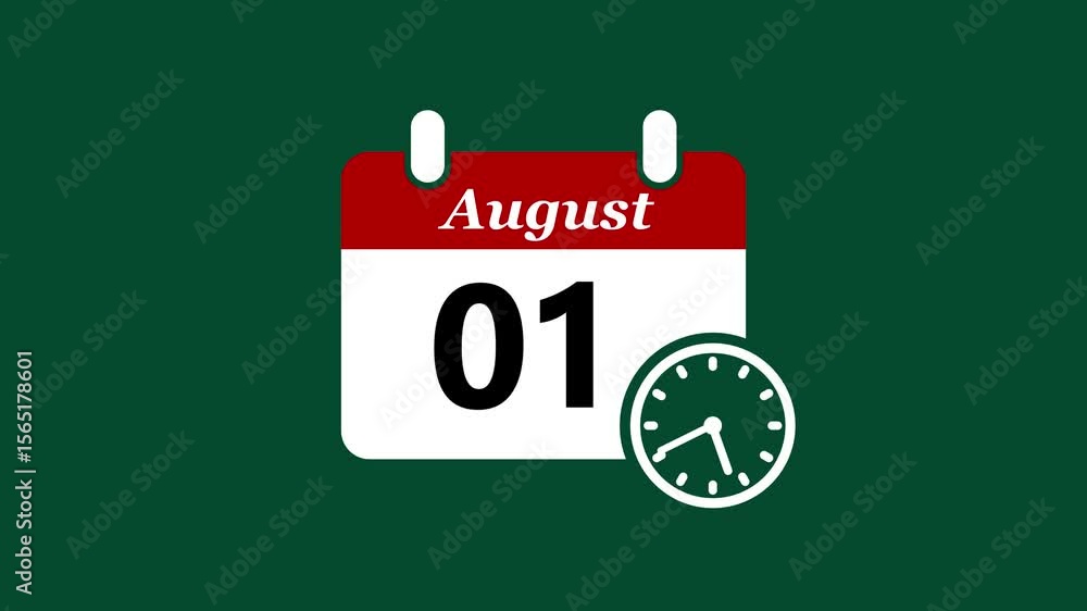 01 august month calendar with time symbol. Simple calendar icon animation and date change of time month.