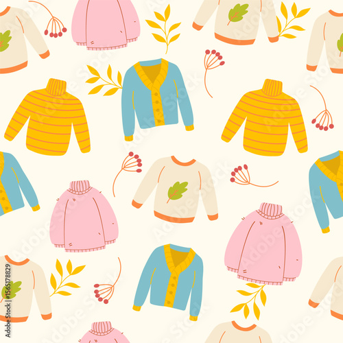 Cozy autumn clothes seamless pattern. Cute sweater background