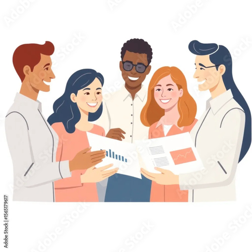 A group of five team members are analyzing quarterly reports. Everyone is smiling or nodding, showing active participation.