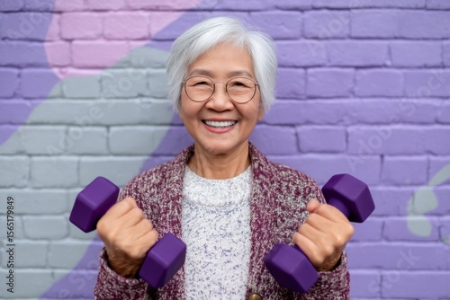 An Asian senior woman exercises and trains in the comfort of her own home gym with dumbbells and a distinctive red brick wall backdrop