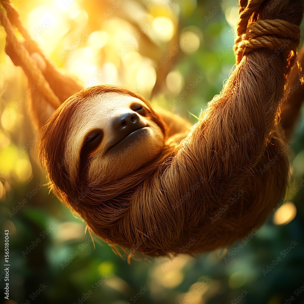 Fototapeta premium Sleepy sloth hangs from a jungle vine. Sunlight filters through lush foliage, highlighting the animal's relaxed posture