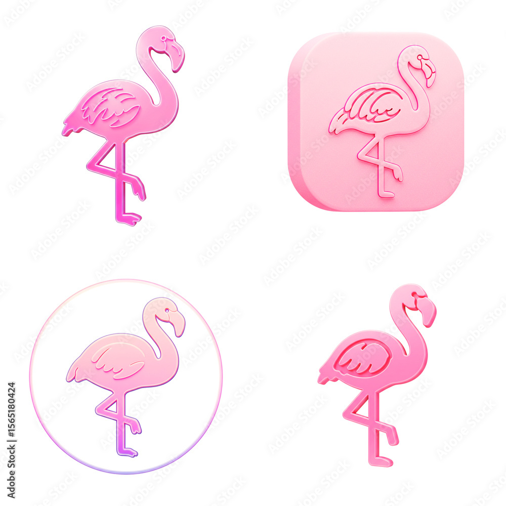 Fototapeta premium Pink flamingo icons in various styles and shapes on white background 