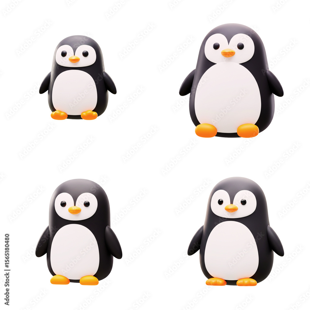 Fototapeta premium Cute cartoon penguins in various poses on white background 