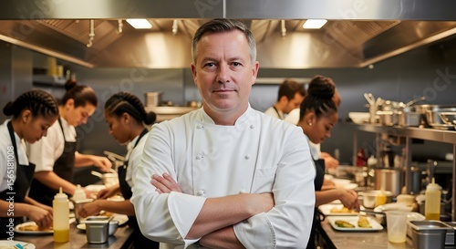 Fototapeta Naklejka Na Ścianę i Meble -  Confident Head Chef Stands Tall, Arms Crossed, Amidst Busy Kitchen Staff Preparing Delicious Dishes. Culinary Expertise and Teamwork Shine.