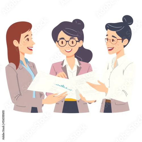 A small team of three managers are analyzing quarterly reports. Everyone is smiling or nodding, showing active participation.