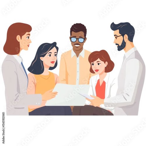 A group of five consultants are discussing performance reviews. They appear focused and collaborative, with laptops and notes in front of them.