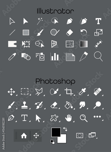 Vector icon set of popular graphic design and editing tools on a dark background. Perfect for tutorials, interface concepts, and creative projects. Flat minimal style for digital use.