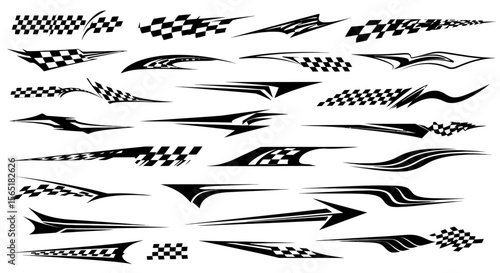 Dynamic Black and White Racing Decals with Checkered Flags.