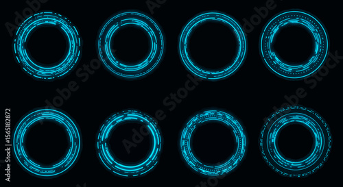 Eight Glowing Cyan Circular HUD Elements