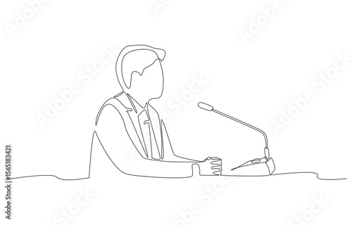Continuous one line drawing of executive with microphone in meeting, leadership in business seminar concept, single line art