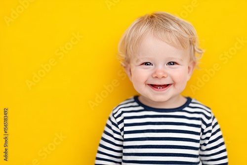 A one year and two months old child, full of joy and smiles, is photographed in a studio with a yellow background, in a close-up portrait
