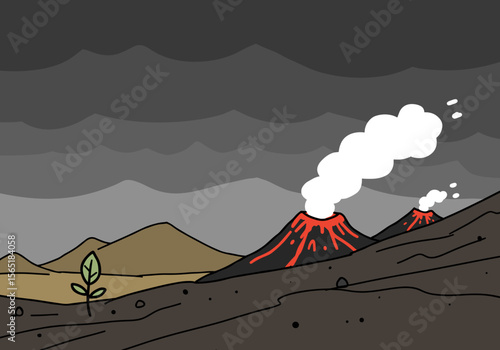 Volcanic landscape with erupting volcanoes and emerging green plant  
