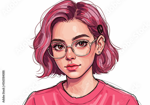 Young woman with pink hair and glasses in a casual t-shirt  