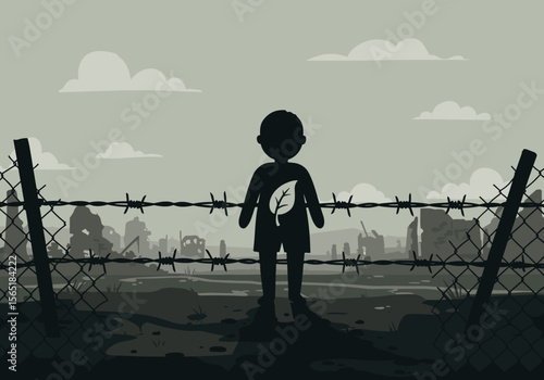 Silhouette of boy standing at barbed wire fence looking outdoors  