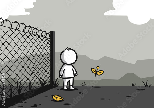 The figure is looking at the plants through a barbed wire fence in the open air