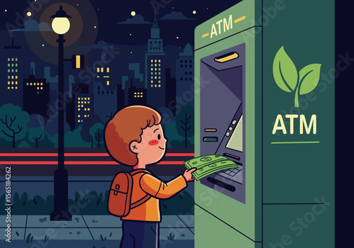 Young boy withdrawing cash from eco-friendly ATM at night  