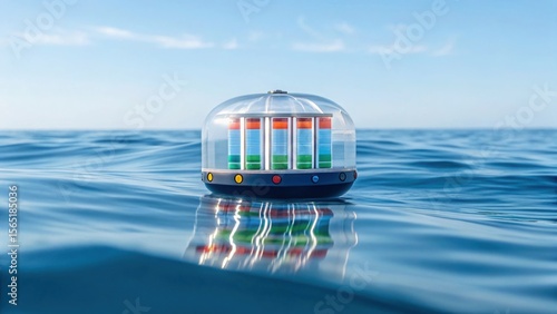 A transparent buoyant device floating on the ocean surface housing a variety of sensors for measuring temperature pressure and CO2 levels..