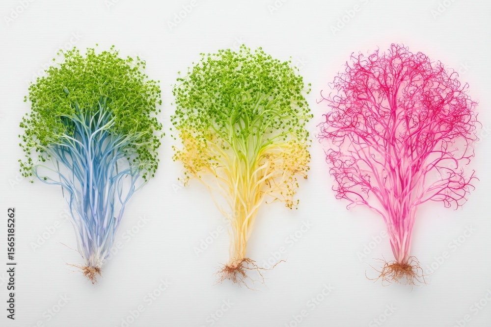 Fototapeta premium Microgreen plants, comprising mustard, chia, amaranth, and radish, are being held in a person's hand, showcasing dense greenery on a fabric with a white background
