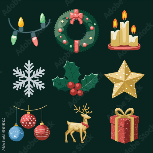 vector Happy New Year Celebrating 2025 in Latin letters , Christmas Decoration Items Santa Claus