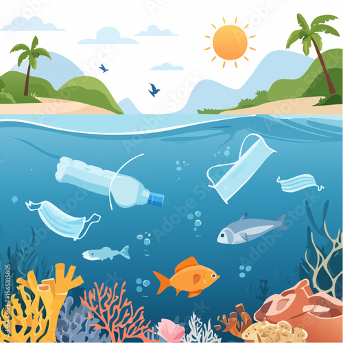 plastic pollution awareness- ocean with floating waste and marine life