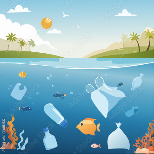 plastic pollution awareness- ocean with floating waste and marine life