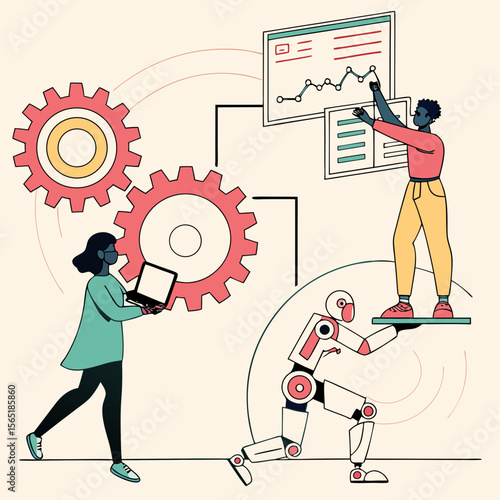 Illustration of people and a robot interacting with data charts and gears in a collaborative setting