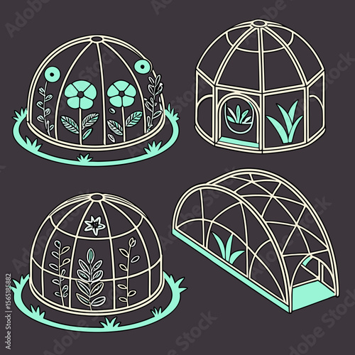 Illustration of four greenhouse domes containing various plants and foliage on a dark background
