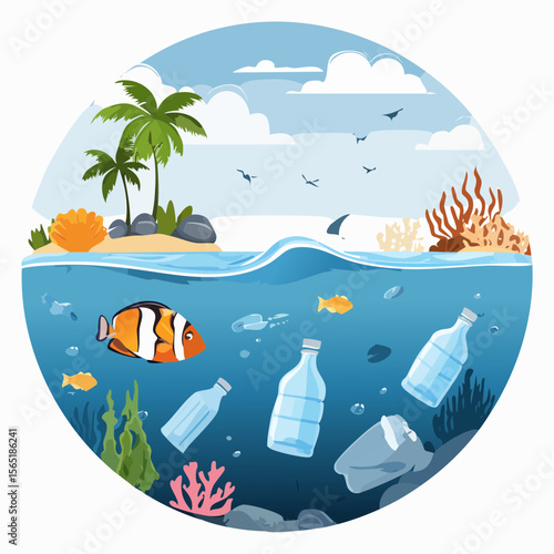 plastic pollution awareness- ocean with floating waste and marine life