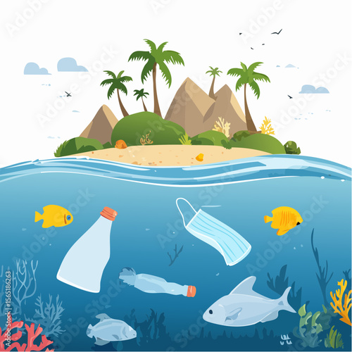 plastic pollution awareness- ocean with floating waste and marine life