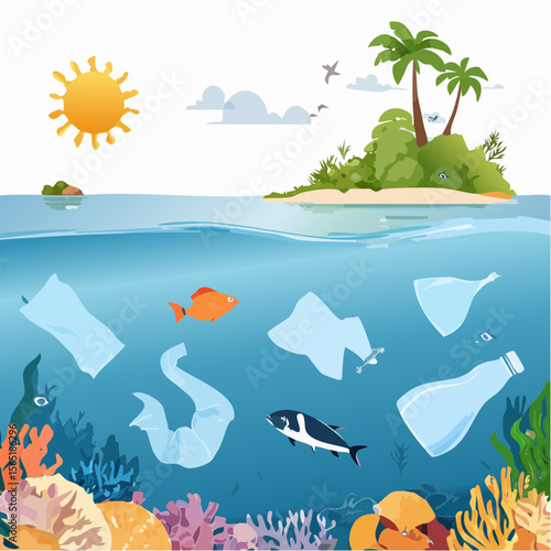 plastic pollution awareness- ocean with floating waste and marine life