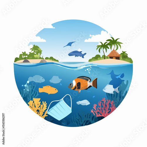 plastic pollution awareness- ocean with floating waste and marine life