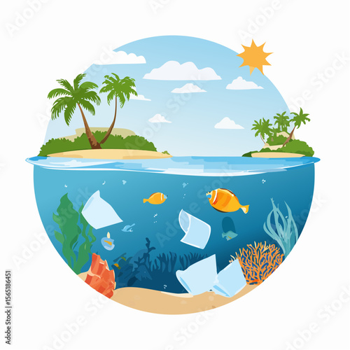 plastic pollution awareness- ocean with floating waste and marine life