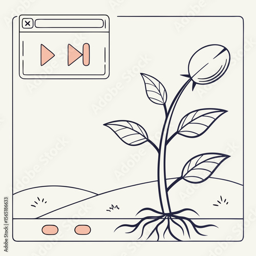 Illustration of a plant growing from seeds with a video player interface in the corner