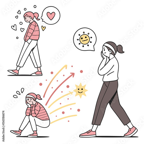 Illustration of a woman transitioning from sadness to happiness with positive thoughts and self care shown