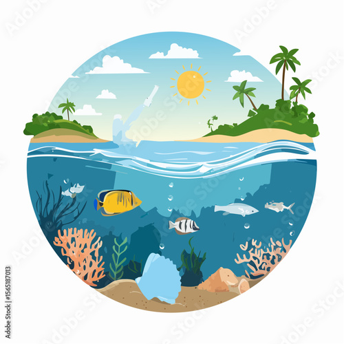 plastic pollution awareness- ocean with floating waste and marine life