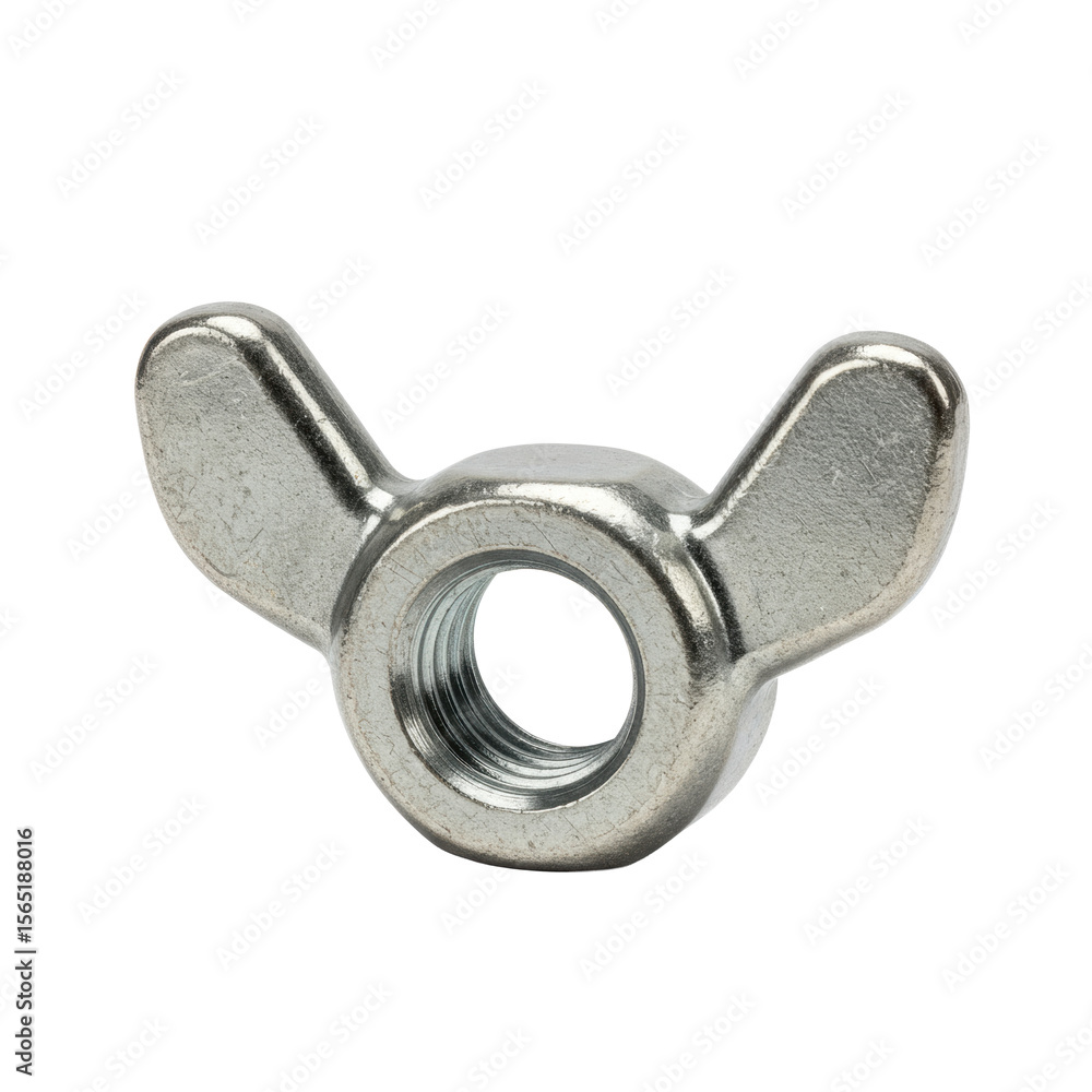 A single, perfectly formed metallic silver wing nut with precise threading and prominent wings, ultra photorealistic close-up macro shot, isolated on a transparent studio background with no shadows, A single, perfectly formed metallic silver wing nut with precise threading and prominent wings, ultra photorealistic close-up macro shot, isolated on a transparent studio background with no shadows,