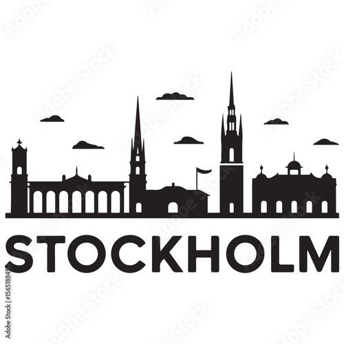 Stockholm skyline. Travel Stockholm famous landmarks. Business and tourism concept for presentation, banner, web site. Vector black silhouette. with white background