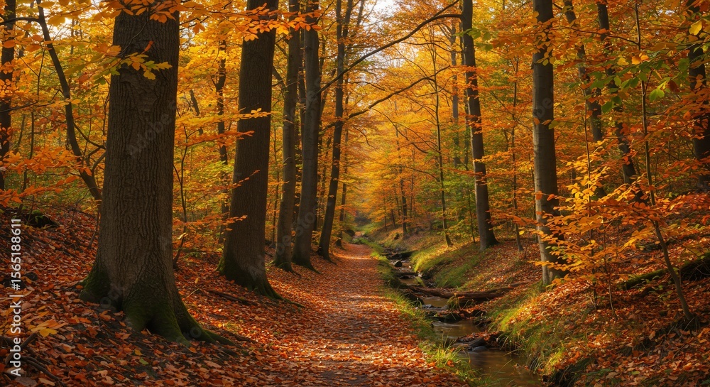Obraz premium Autumnal Forest Path with Stream and Golden Leaves