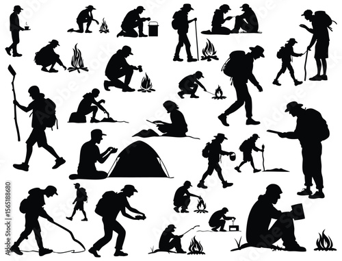 Set of Silhouette Illustrations of Campers and Hikers in Various Outdoor Activities