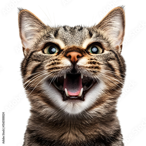 Close up of a tabby cat with mouth open and teeth showing isolated on transparent background