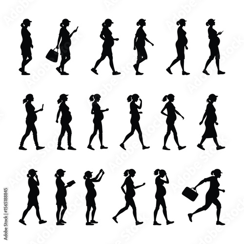 Silhouette Collection of Pregnant Woman Walking Reading and Carrying Bag